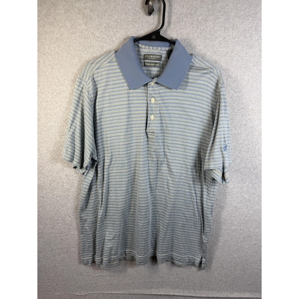 Lyle & Scott Polo Shirt Mens Medium Blue Striped Mercerized Cotton Golf Casual